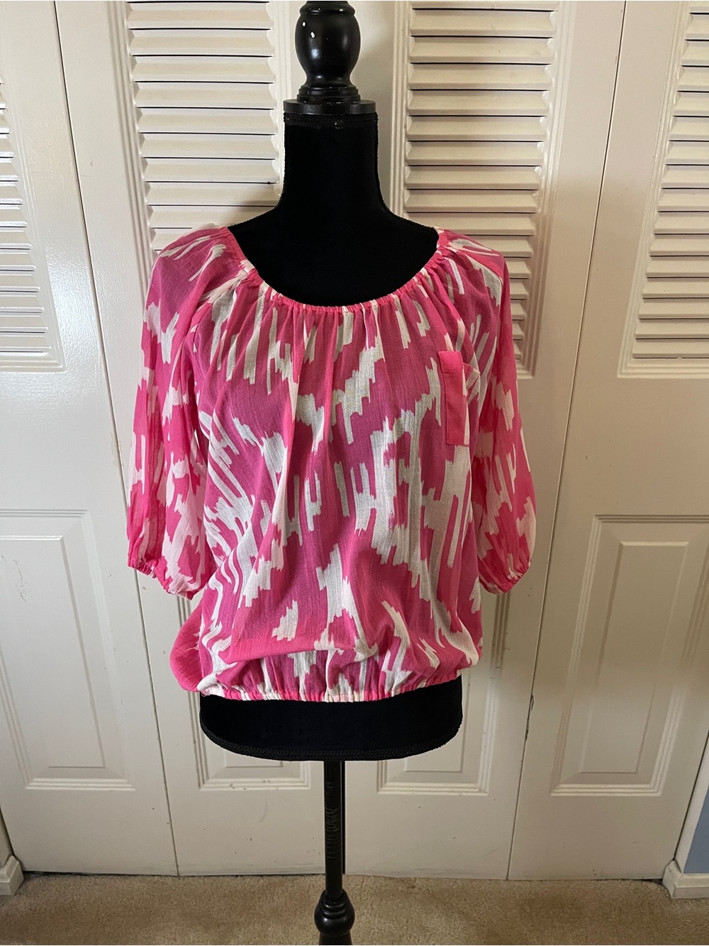 J. Crew Pink and White Printed Peasant Top